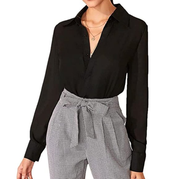 Floerns Tops - Women's Long Sleeve Button Up Chiffon Office Work Blouse